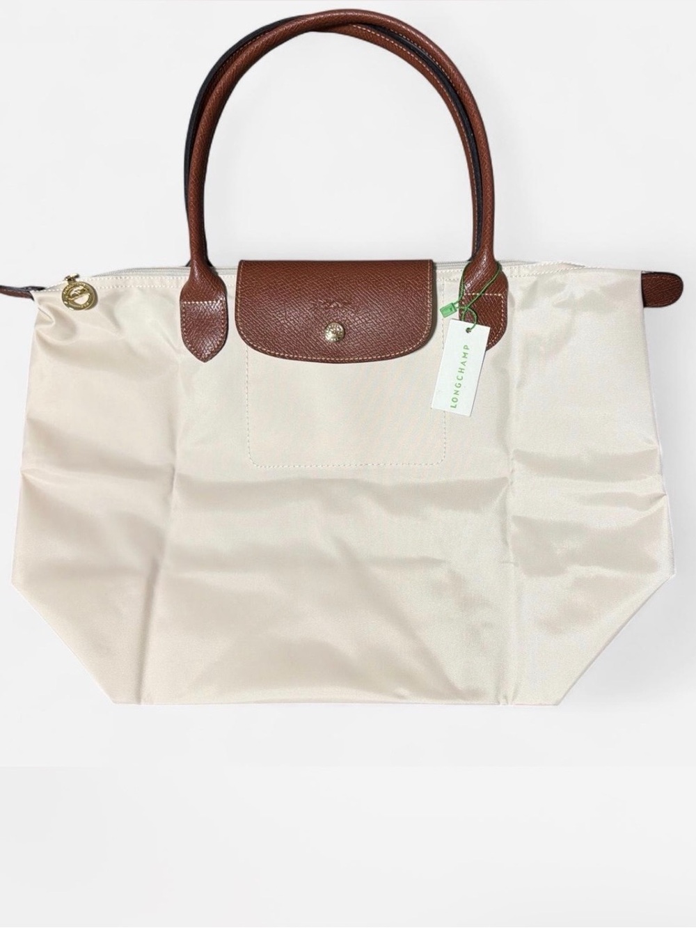 Size Large!!! Longchamp Cream Tote with Brown Leather Trim